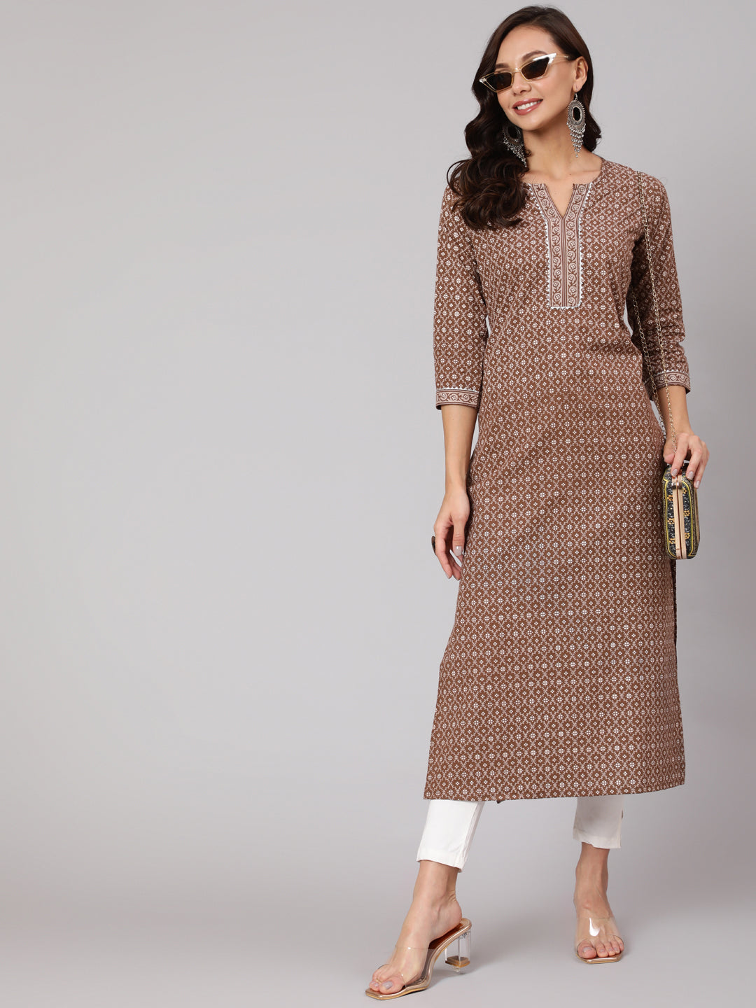 Women Brown Printed Straight Kurta With Three Quarter Sleeves | LASVINI - Redefining Indian Fashion with Elegance