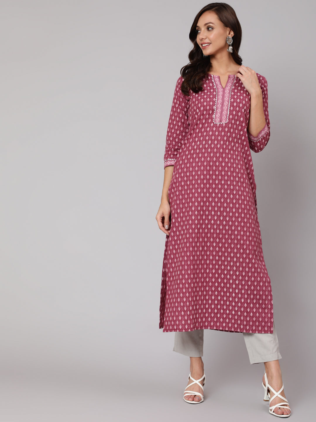 Women Mauve Printed Straight Kurta With Three Quarter Sleeves | LASVINI - Redefining Indian Fashion with Elegance