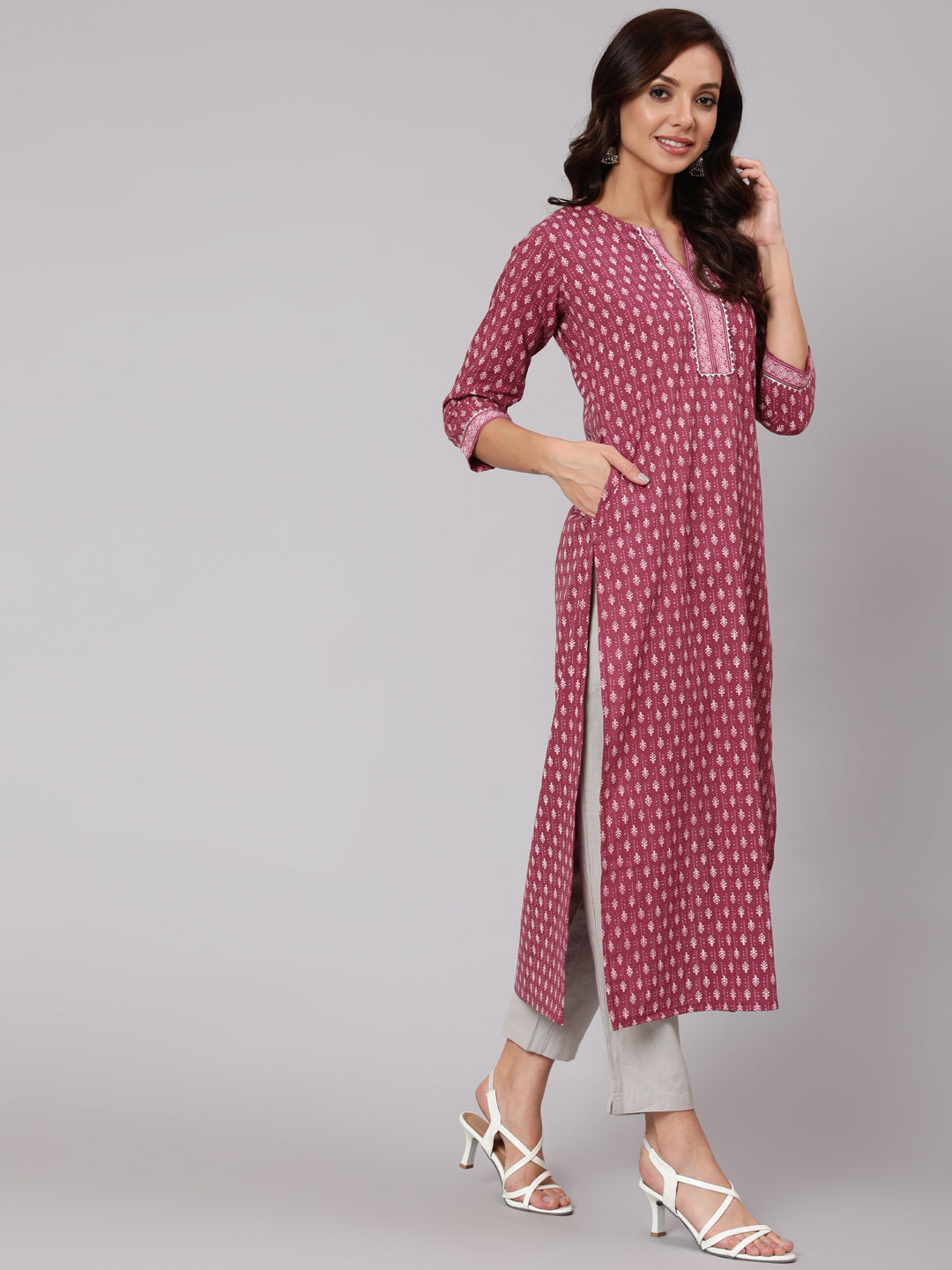 Women Mauve Printed Straight Kurta With Three Quarter Sleeves | LASVINI - Redefining Indian Fashion with Elegance