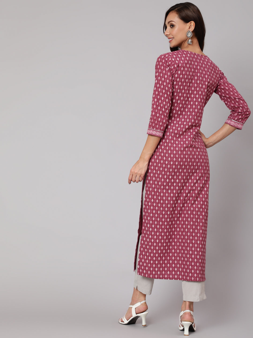 Women Mauve Printed Straight Kurta With Three Quarter Sleeves | LASVINI - Redefining Indian Fashion with Elegance