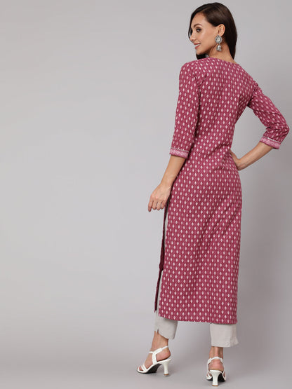 Women Mauve Printed Straight Kurta With Three Quarter Sleeves | LASVINI - Redefining Indian Fashion with Elegance