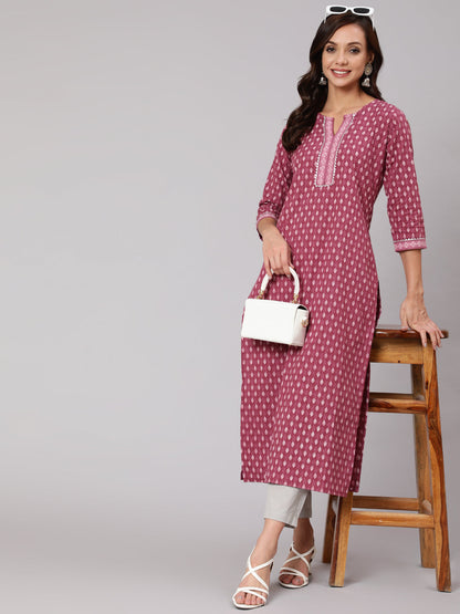 Women Mauve Printed Straight Kurta With Three Quarter Sleeves | LASVINI - Redefining Indian Fashion with Elegance