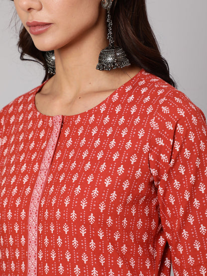 Women Rust Ethnic Printed Straight Kurta With Three Quarter Sleeves | LASVINI - Redefining Indian Fashion with Elegance