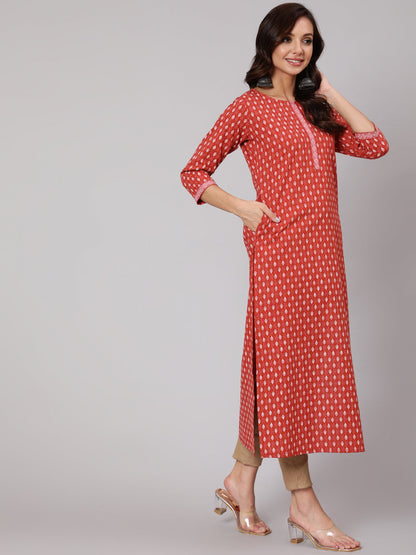 Women Rust Ethnic Printed Straight Kurta With Three Quarter Sleeves | LASVINI - Redefining Indian Fashion with Elegance