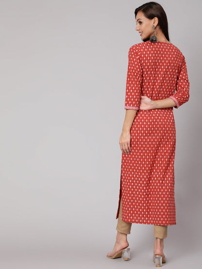 Women Rust Ethnic Printed Straight Kurta With Three Quarter Sleeves | LASVINI - Redefining Indian Fashion with Elegance