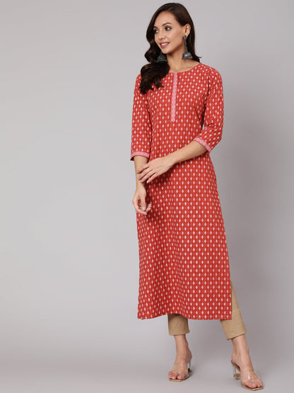 Women Rust Ethnic Printed Straight Kurta With Three Quarter Sleeves | LASVINI - Redefining Indian Fashion with Elegance