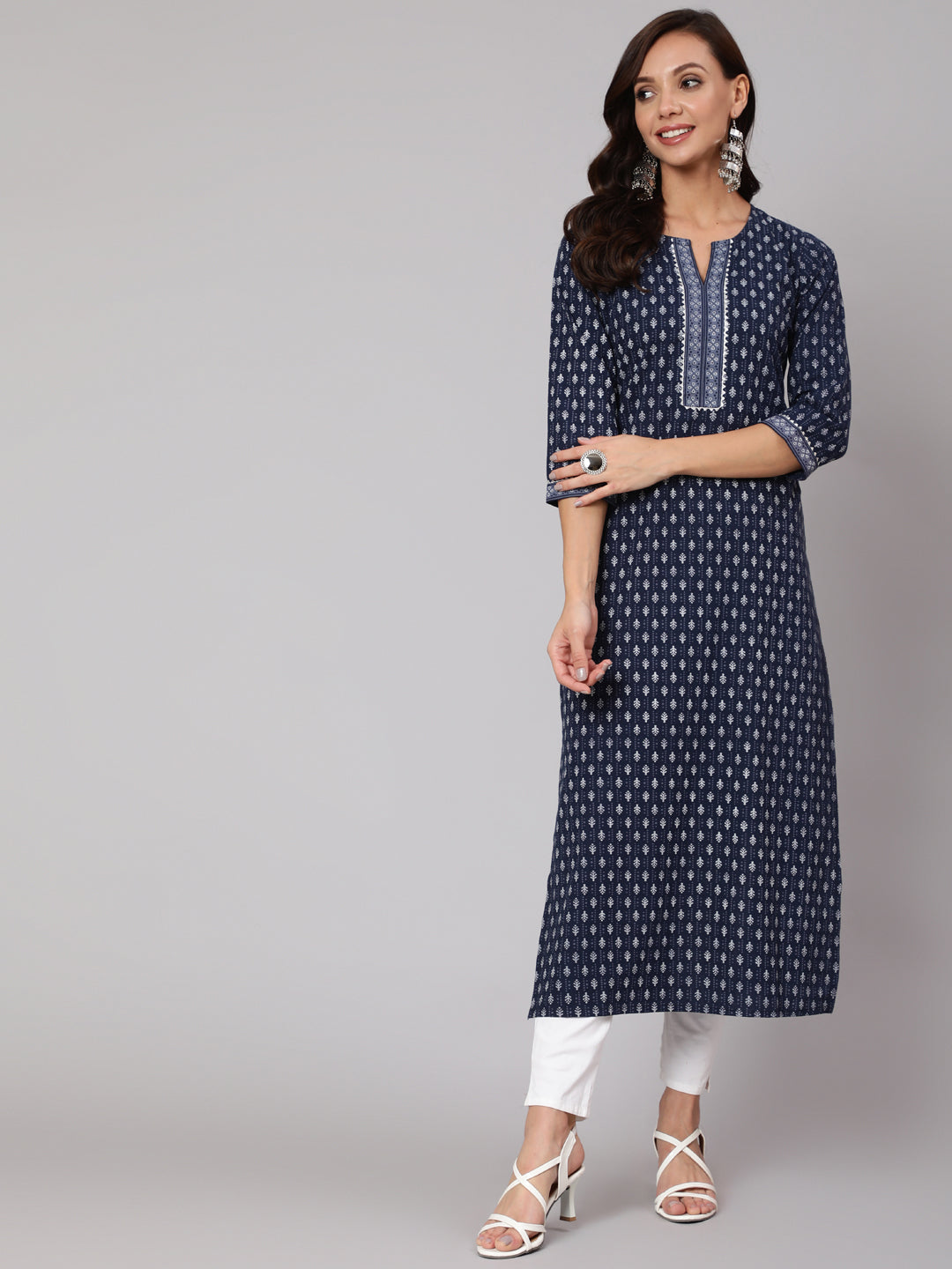 Women Navy Blue Ethnic Printed Straight Kurta With Three Quarter Sleeves | LASVINI - Redefining Indian Fashion with Elegance