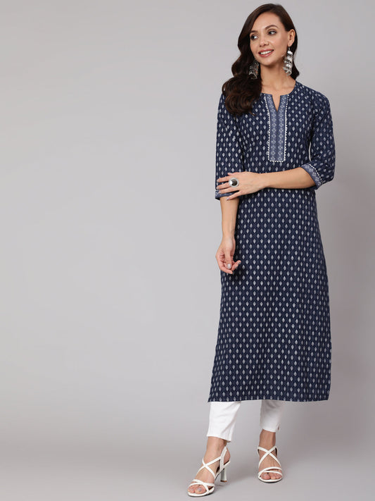 Women Navy Blue Ethnic Printed Straight Kurta With Three Quarter Sleeves | LASVINI - Redefining Indian Fashion with Elegance