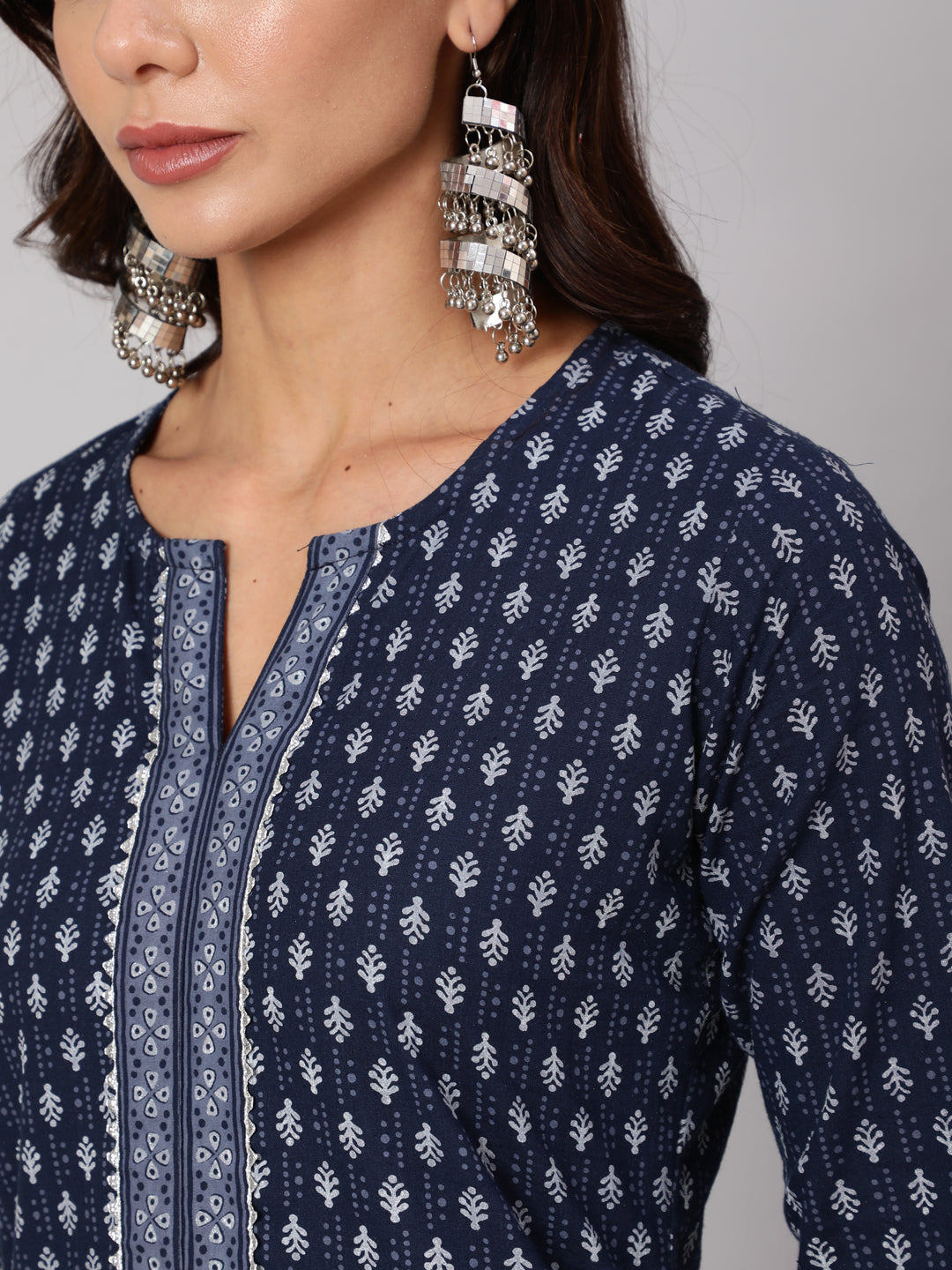 Women Navy Blue Ethnic Printed Straight Kurta With Three Quarter Sleeves | LASVINI - Redefining Indian Fashion with Elegance
