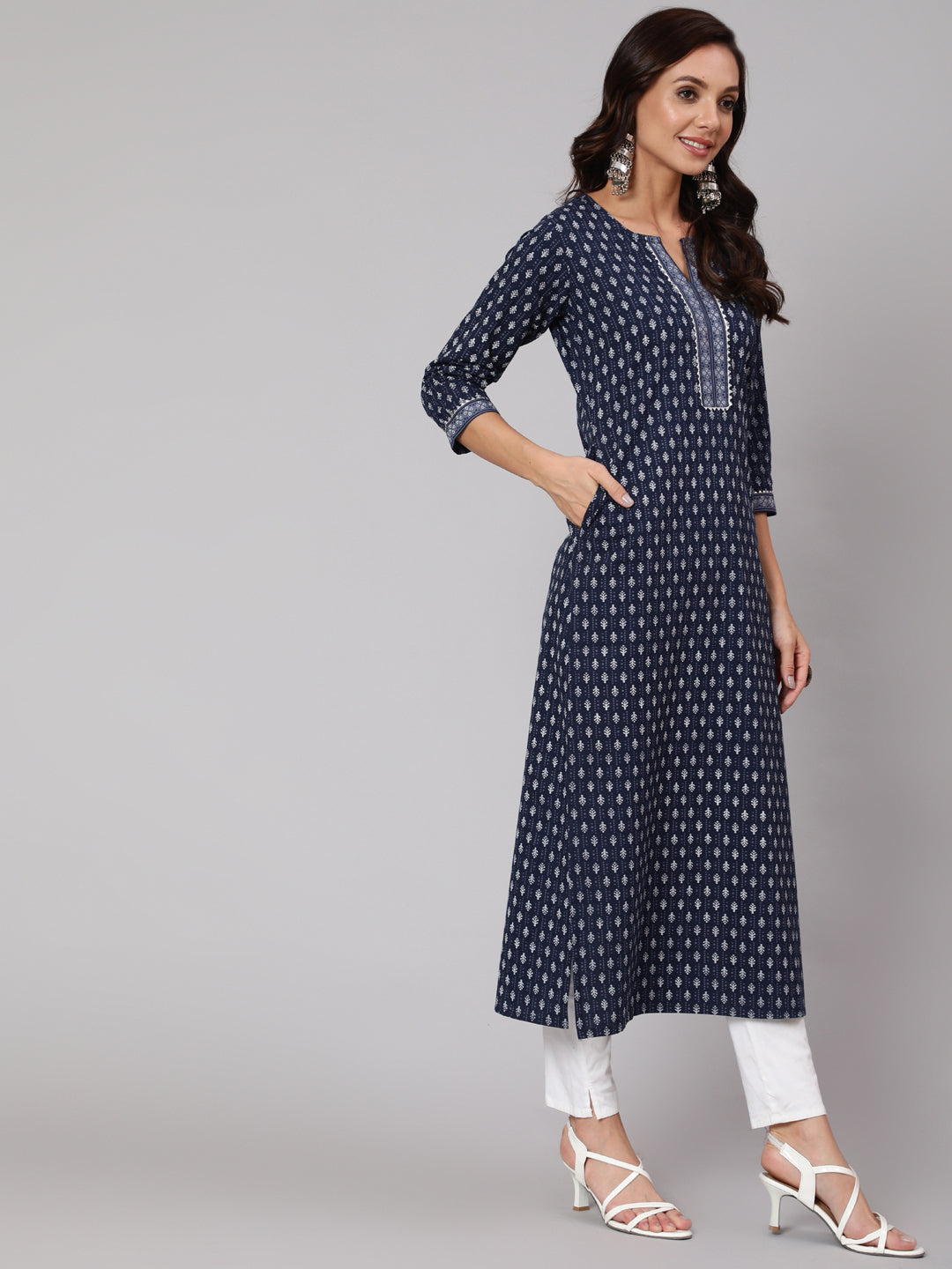 Women Navy Blue Ethnic Printed Straight Kurta With Three Quarter Sleeves | LASVINI - Redefining Indian Fashion with Elegance