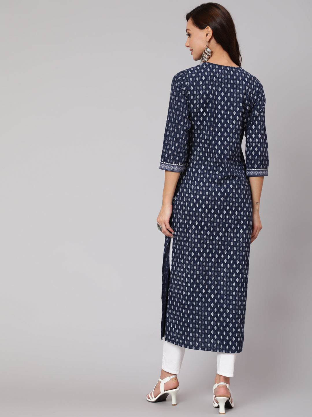 Women Navy Blue Ethnic Printed Straight Kurta With Three Quarter Sleeves | LASVINI - Redefining Indian Fashion with Elegance