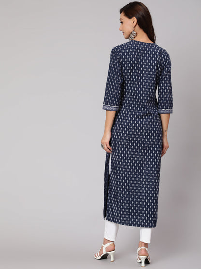 Women Navy Blue Ethnic Printed Straight Kurta With Three Quarter Sleeves | LASVINI - Redefining Indian Fashion with Elegance