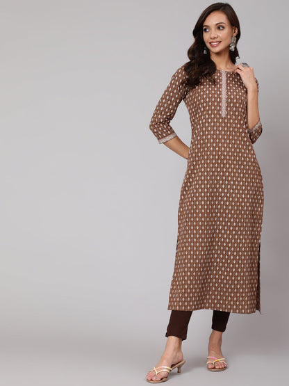 Women Brown Printed Straight Kurta With Three Quarter Sleeves | LASVINI - Redefining Indian Fashion with Elegance