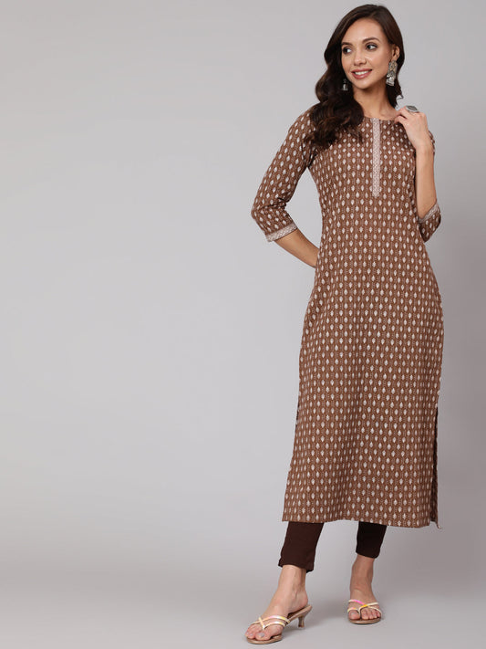 Women Brown Printed Straight Kurta With Three Quarter Sleeves | LASVINI - Redefining Indian Fashion with Elegance