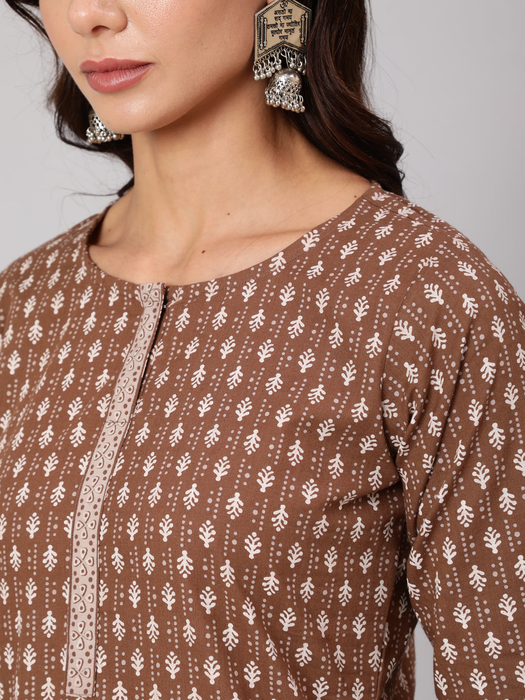 Women Brown Printed Straight Kurta With Three Quarter Sleeves | LASVINI - Redefining Indian Fashion with Elegance