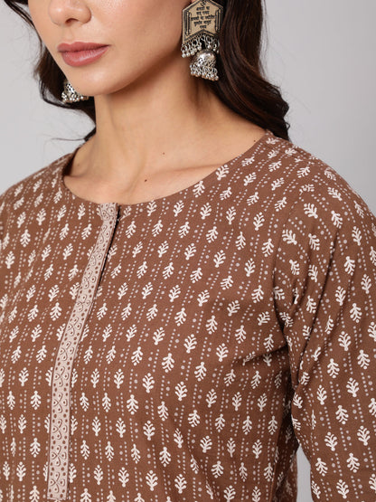 Women Brown Printed Straight Kurta With Three Quarter Sleeves | LASVINI - Redefining Indian Fashion with Elegance