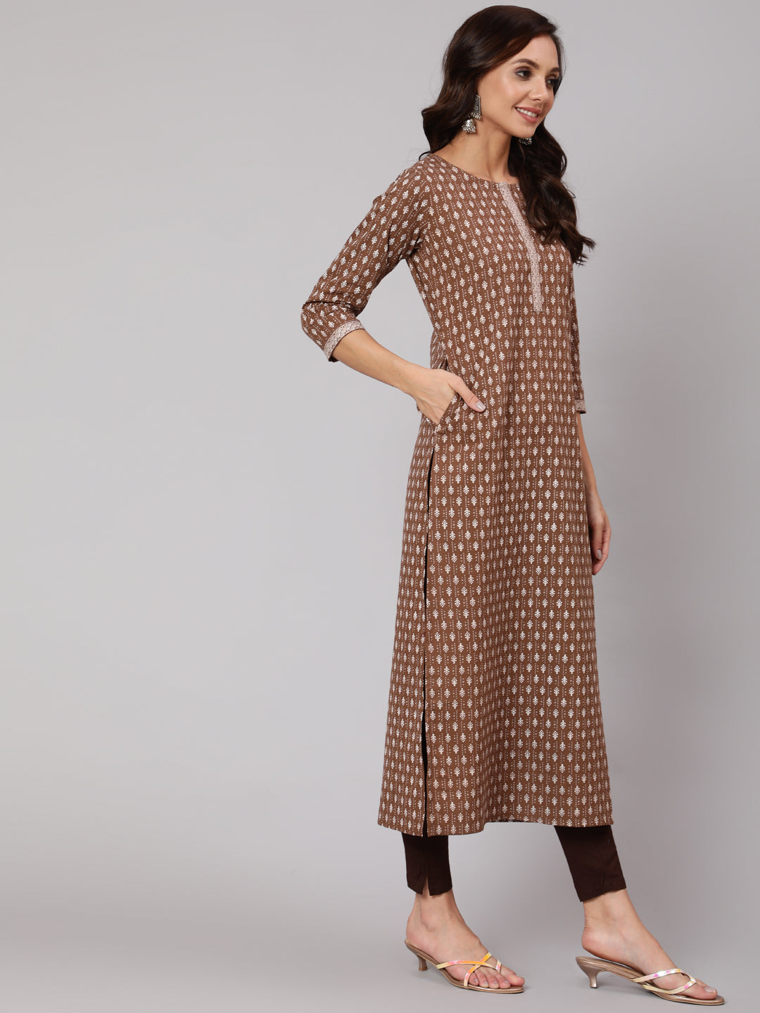 Women Brown Printed Straight Kurta With Three Quarter Sleeves | LASVINI - Redefining Indian Fashion with Elegance