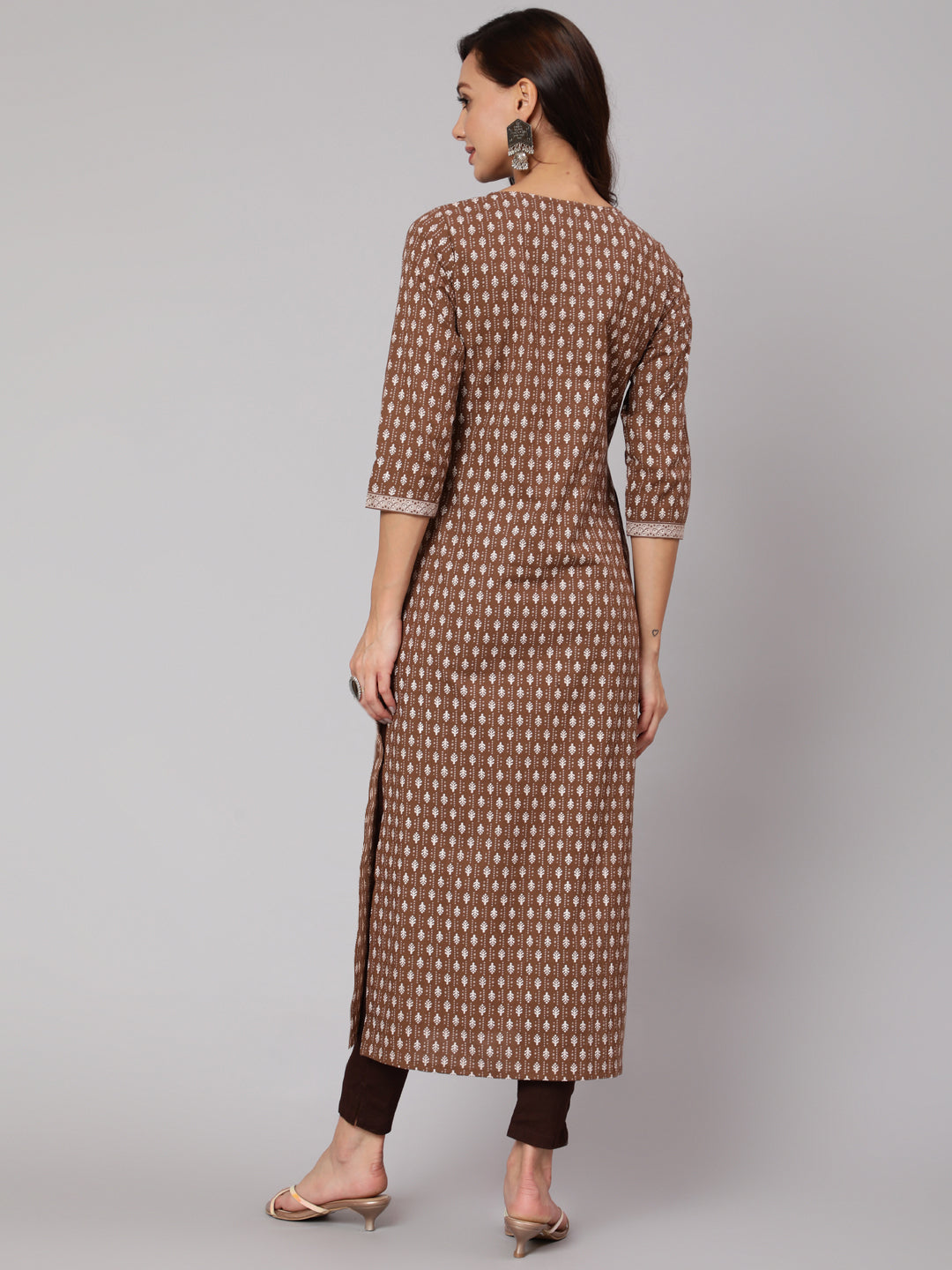 Women Brown Printed Straight Kurta With Three Quarter Sleeves | LASVINI - Redefining Indian Fashion with Elegance