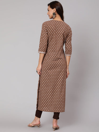 Women Brown Printed Straight Kurta With Three Quarter Sleeves | LASVINI - Redefining Indian Fashion with Elegance