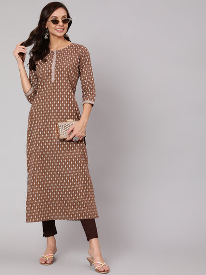 Women Brown Printed Straight Kurta With Three Quarter Sleeves | LASVINI - Redefining Indian Fashion with Elegance