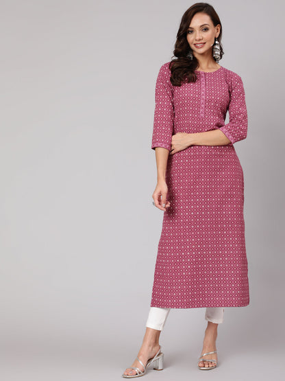 Women Mauve Printed Straight Kurta With Three Quarter Sleeves | LASVINI - Redefining Indian Fashion with Elegance
