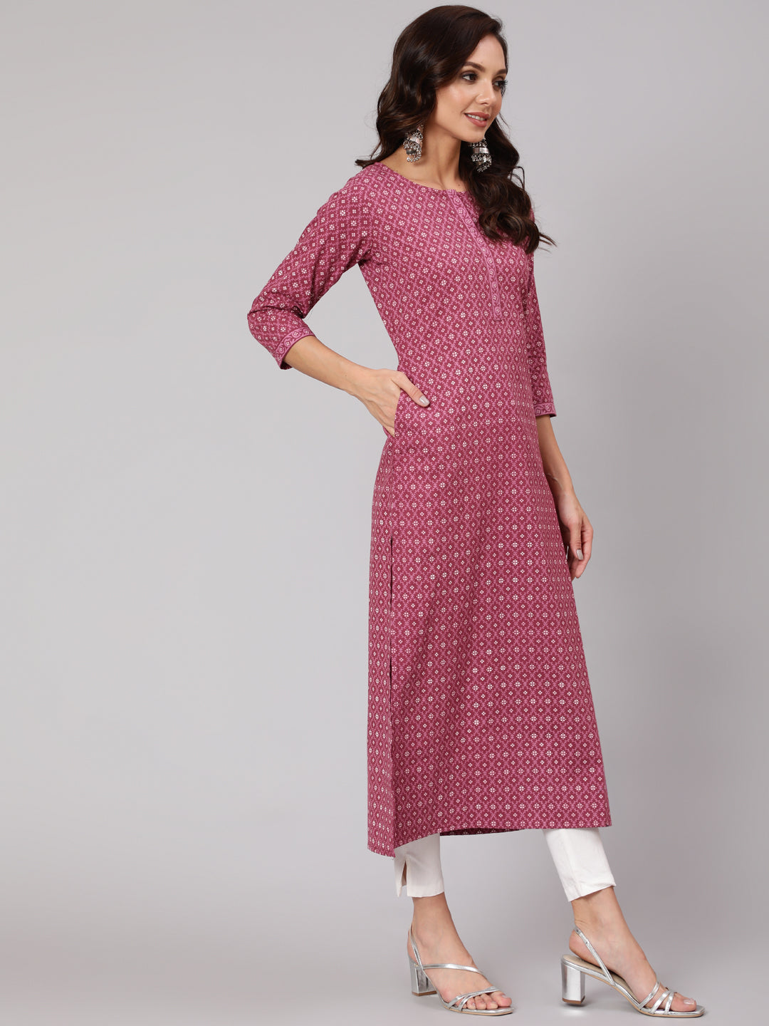 Women Mauve Printed Straight Kurta With Three Quarter Sleeves | LASVINI - Redefining Indian Fashion with Elegance