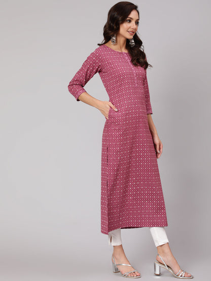 Women Mauve Printed Straight Kurta With Three Quarter Sleeves | LASVINI - Redefining Indian Fashion with Elegance