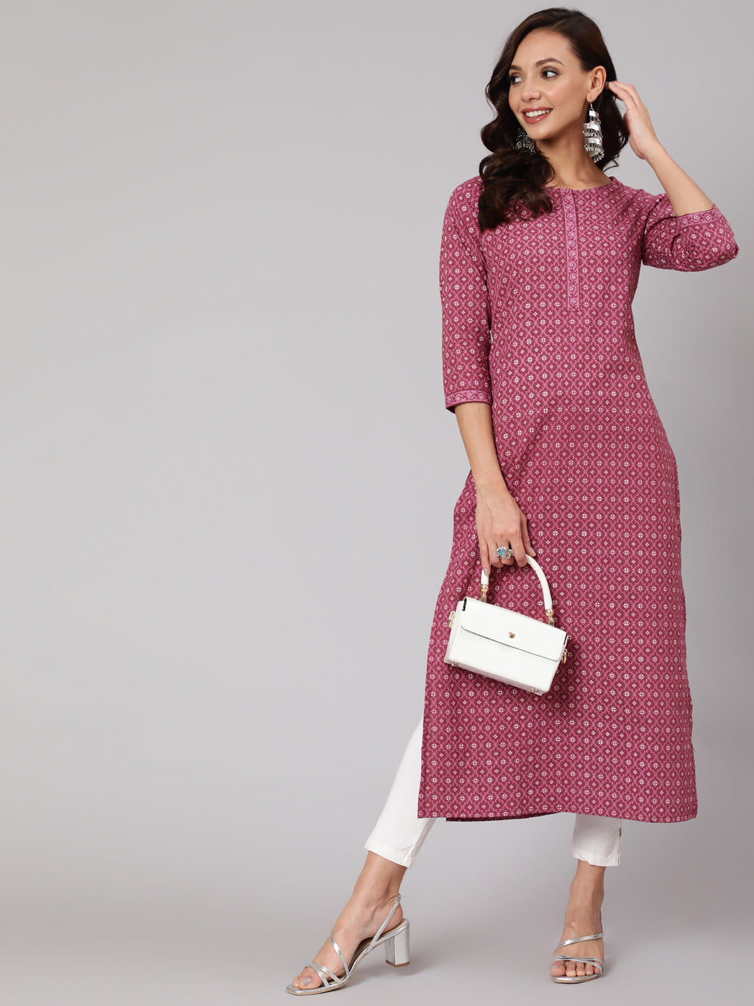 Women Mauve Printed Straight Kurta With Three Quarter Sleeves | LASVINI - Redefining Indian Fashion with Elegance