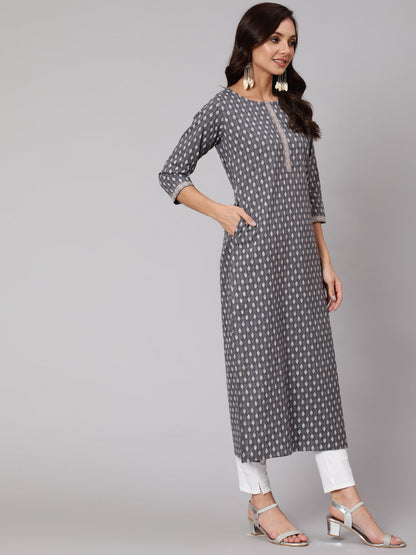 Women Grey Printed Straight Kurta With Three Quarter Sleeves | LASVINI - Redefining Indian Fashion with Elegance
