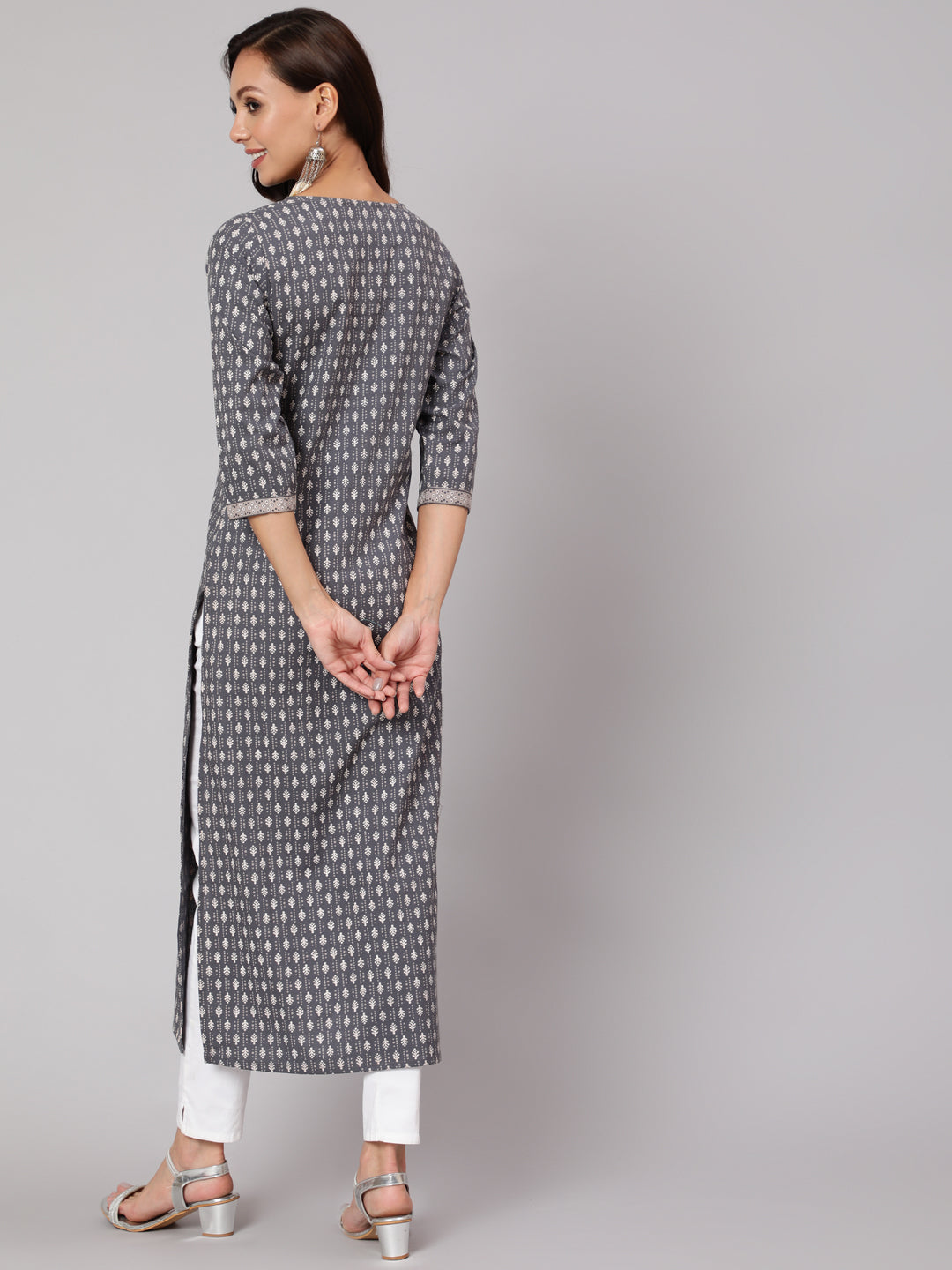 Women Grey Printed Straight Kurta With Three Quarter Sleeves | LASVINI - Redefining Indian Fashion with Elegance