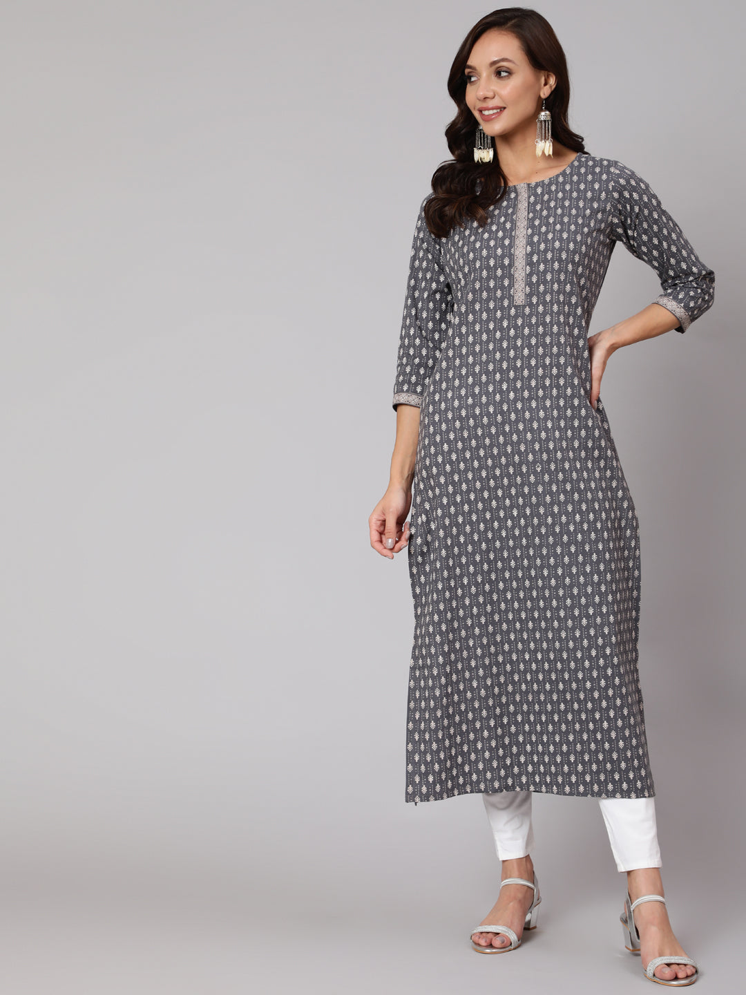 Women Grey Printed Straight Kurta With Three Quarter Sleeves | LASVINI - Redefining Indian Fashion with Elegance