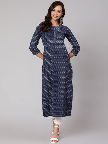Women Blue Printed Straight Kurta With Three Quarter Sleeves | LASVINI - Redefining Indian Fashion with Elegance