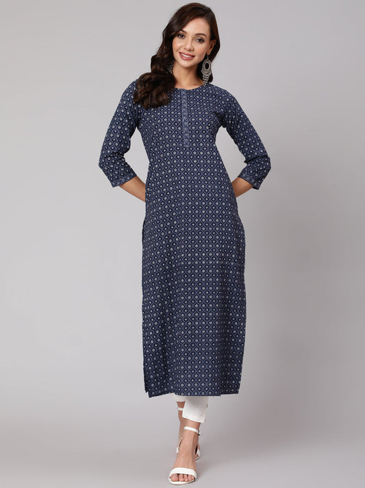 Women Blue Printed Straight Kurta With Three Quarter Sleeves | LASVINI - Redefining Indian Fashion with Elegance