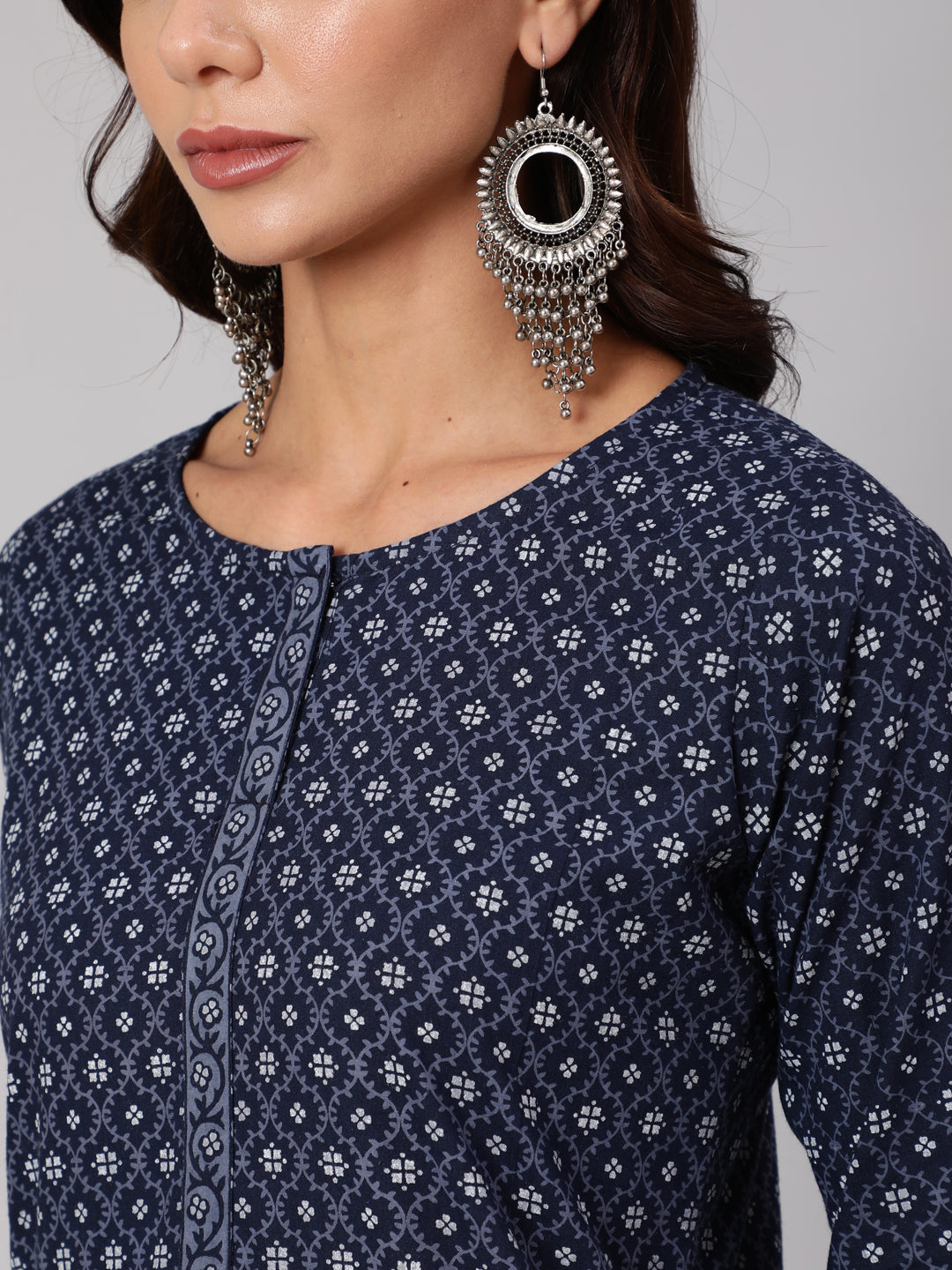 Women Blue Printed Straight Kurta With Three Quarter Sleeves | LASVINI - Redefining Indian Fashion with Elegance