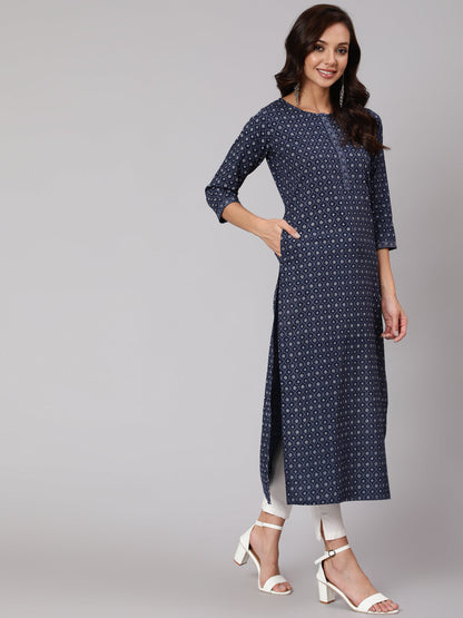 Women Blue Printed Straight Kurta With Three Quarter Sleeves | LASVINI - Redefining Indian Fashion with Elegance
