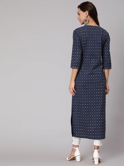Women Blue Printed Straight Kurta With Three Quarter Sleeves | LASVINI - Redefining Indian Fashion with Elegance
