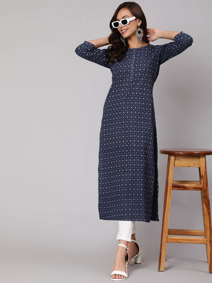 Women Blue Printed Straight Kurta With Three Quarter Sleeves | LASVINI - Redefining Indian Fashion with Elegance