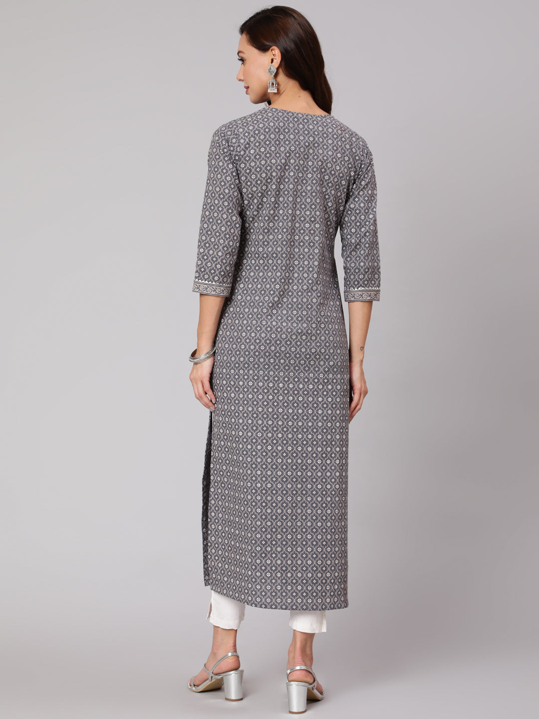 Women Grey Printed Straight Kurta With Three Quarter Sleeves | LASVINI - Redefining Indian Fashion with Elegance