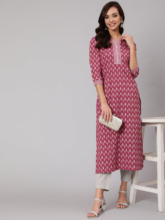 Women Mauve Printed Straight Kurta With Three Quarter Sleeves | LASVINI - Redefining Indian Fashion with Elegance