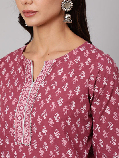 Women Mauve Printed Straight Kurta With Three Quarter Sleeves | LASVINI - Redefining Indian Fashion with Elegance