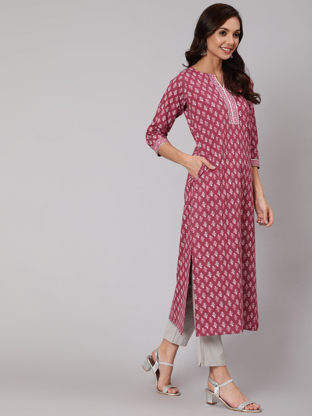 Women Mauve Printed Straight Kurta With Three Quarter Sleeves | LASVINI - Redefining Indian Fashion with Elegance