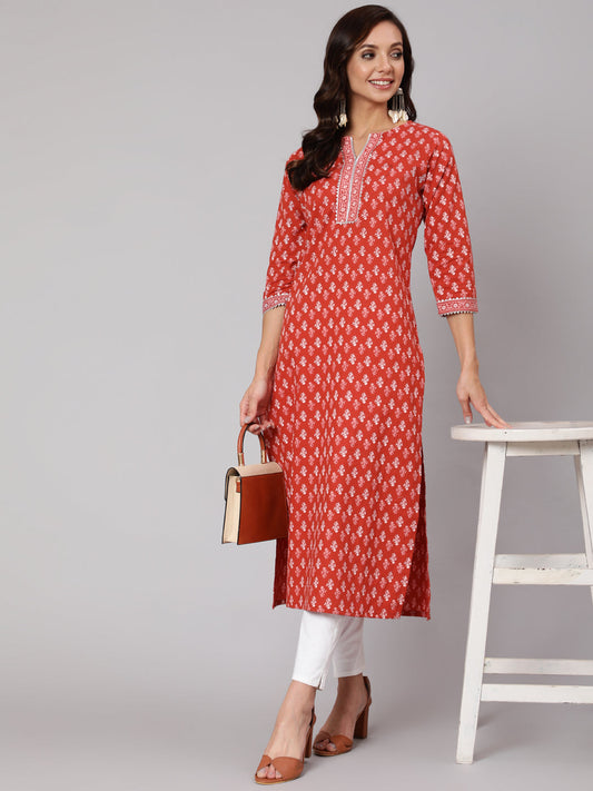 Women Rust Ethnic Printed Straight Kurta With Three Quarter Sleeves | LASVINI - Redefining Indian Fashion with Elegance