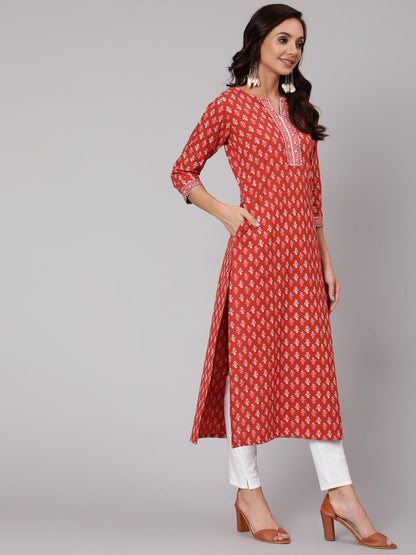Women Rust Ethnic Printed Straight Kurta With Three Quarter Sleeves | LASVINI - Redefining Indian Fashion with Elegance