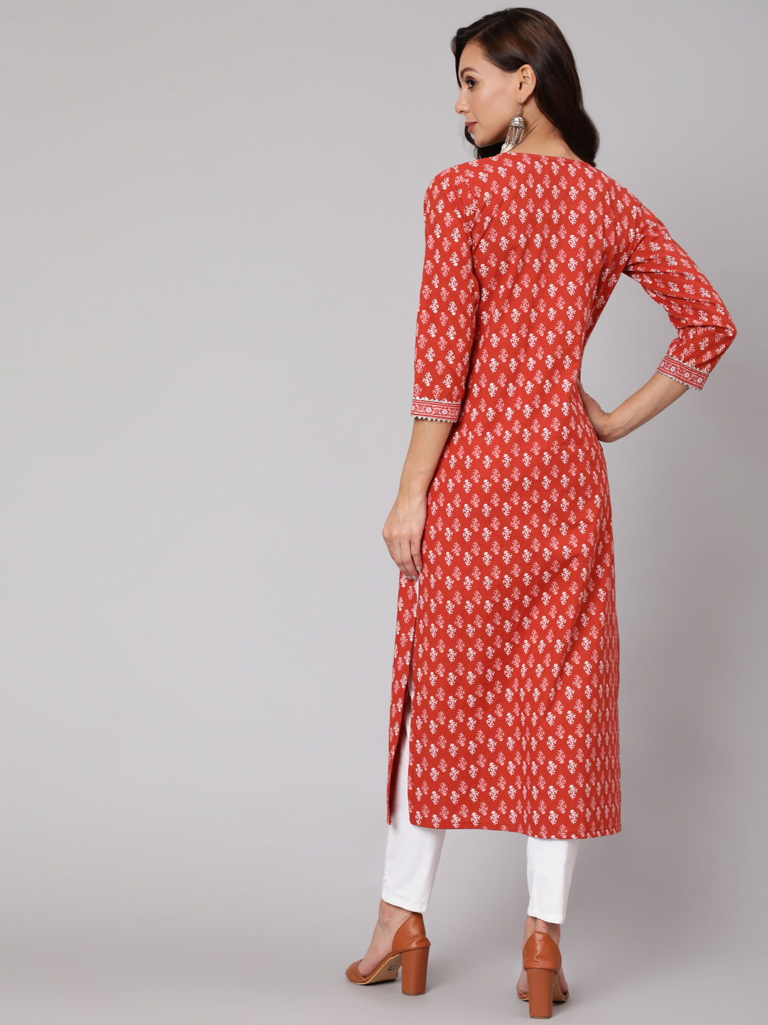 Women Rust Ethnic Printed Straight Kurta With Three Quarter Sleeves | LASVINI - Redefining Indian Fashion with Elegance
