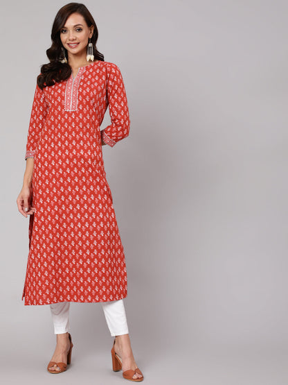 Women Rust Ethnic Printed Straight Kurta With Three Quarter Sleeves | LASVINI - Redefining Indian Fashion with Elegance