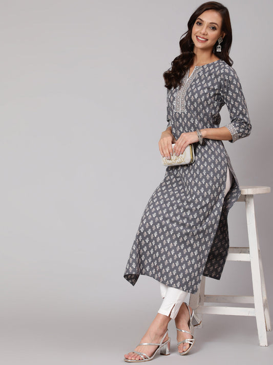Women Grey Printed Straight Kurta With Three Quarter Sleeves | LASVINI - Redefining Indian Fashion with Elegance