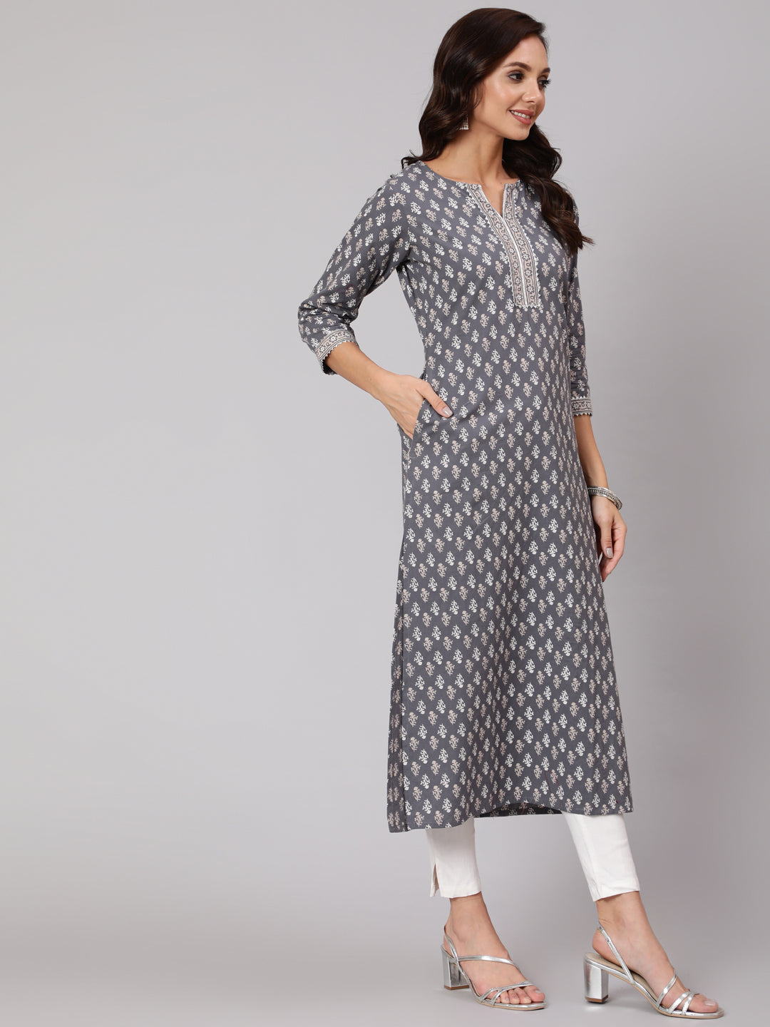 Women Grey Printed Straight Kurta With Three Quarter Sleeves | LASVINI - Redefining Indian Fashion with Elegance