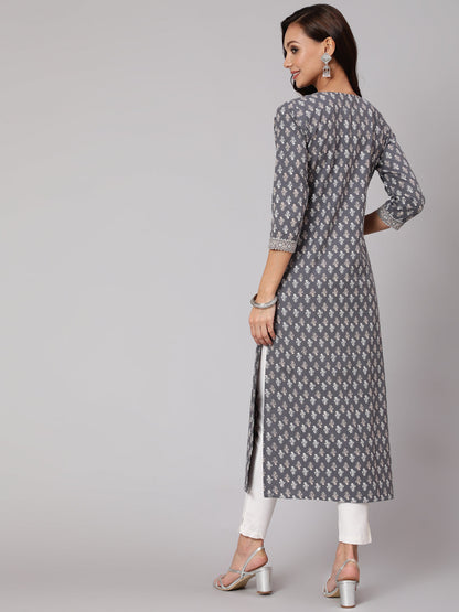 Women Grey Printed Straight Kurta With Three Quarter Sleeves | LASVINI - Redefining Indian Fashion with Elegance