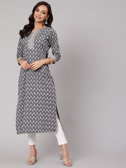 Women Grey Printed Straight Kurta With Three Quarter Sleeves | LASVINI - Redefining Indian Fashion with Elegance