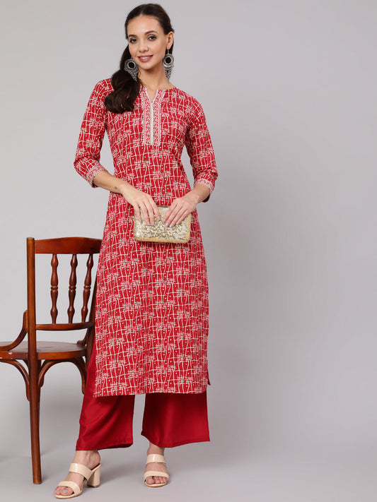 Women Red Geometric Printed Straight Kurta With Three Quarter Sleeves | LASVINI - Redefining Indian Fashion with Elegance